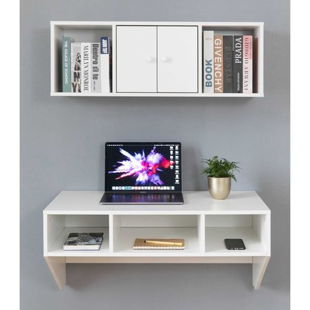 Basicwise Wall Mounted Office Computer Desk and Floating Hutch Cabinet, White QI003675W.2